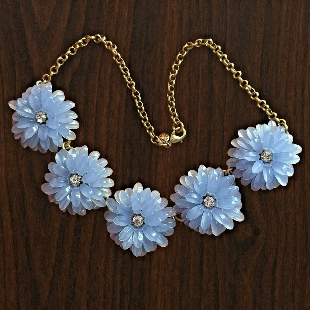 J. CREW Blue Lucite Rhinestone‎ Floral Motif Link Statement Necklace Fairy Core